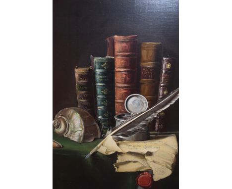 Frederick Victor Bailey, oil on canvas, books, seashells and a pewter ink pot on a table top, signed, 50.5 x 40.5cm, in a swe