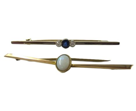 White and yellow metal sapphire and diamond set bar brooch / tie pin, 4g together with 9ct gold and opal bar brooch, 2.2g 