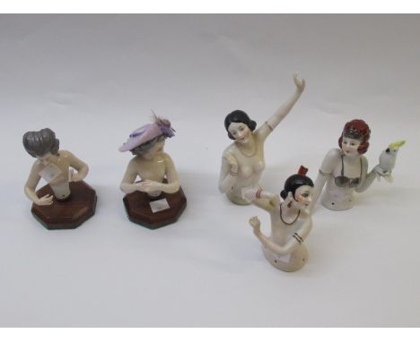 Group of five various larger sized porcelain half dolls, Goebel cockatoo, Art Deco dancer, similar dancer with arm aloft, gir
