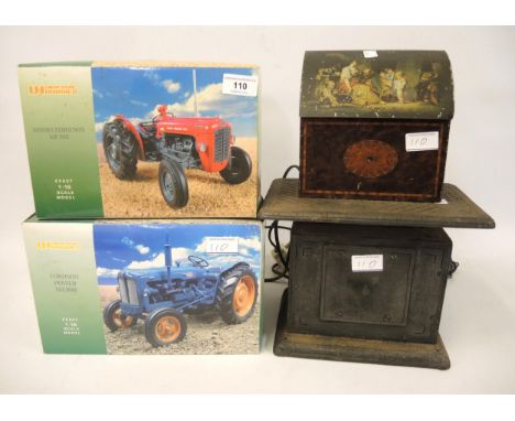 Two modern boxed scale model tractors, vintage Crawford's biscuits box and a pair of cast iron scales 