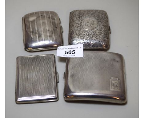 Group of four various engraved and engine turned silver cigarette cases, three English for 1934, 1921 and 1930 and another Co