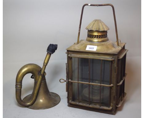 Brass lantern form light fitting (adapted), together with a brass car horn 