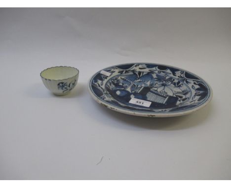 18th Century Worcester blue and white bowl (chipped rim), together with a delft blue and white plate 