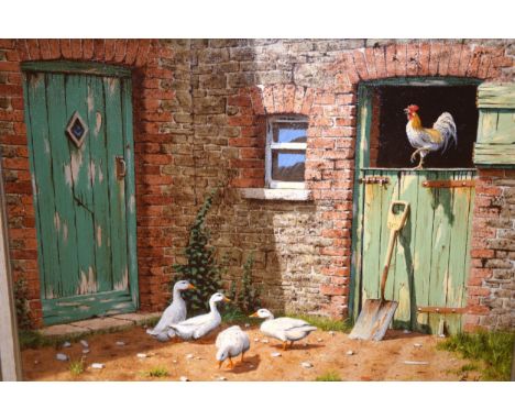 Edward Hersey, oil on canvas, cockerel on a green stable door with white ducks to the foreground, signed, 30 x 40cm, gilt fra