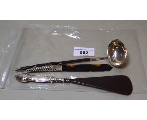 Small George III silver toddy ladle with twisted whale bone handle, silver mounted tortoiseshell letter opener and a silver h