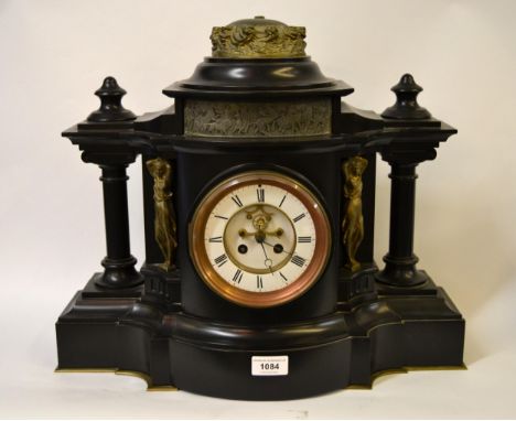 19th Century French black slate and gilt brass mounted two train mantel clock with visible escapement 