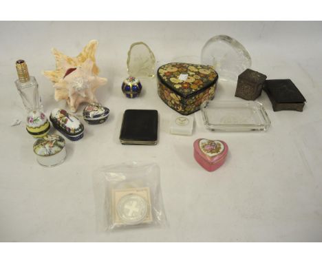 Box of miscellaneous items, including three silver proof coins, two Antemi metal boxes, other porcelain trinket boxes and gla