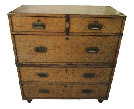 19th Century oak and brassbound military chest in two parts, the two short and three long graduated drawers with recessed bra