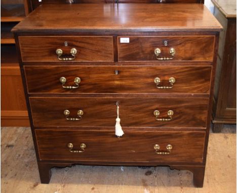 19th Century mahogany straight front chest of two short over three long drawers with oval brass handles, on bracket feetPart 
