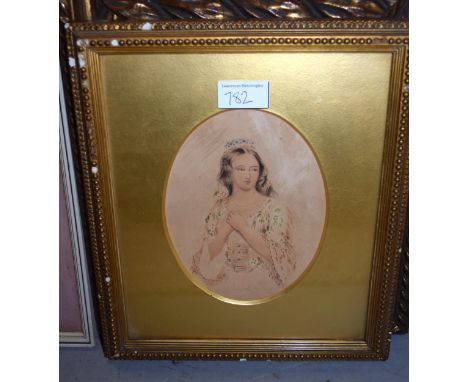 Small 19th Century watercolour, beached boats, 12cm x 24cm, gilt framed together with an oval watercolour, portrait of a lady