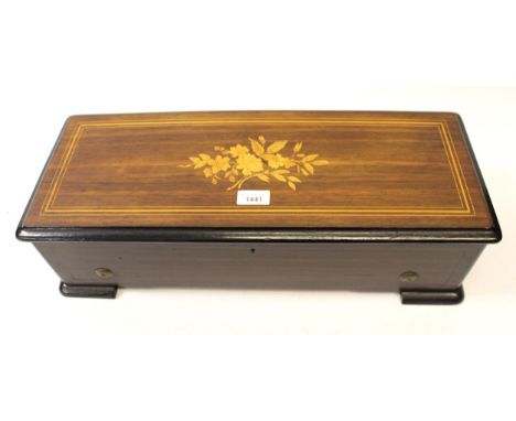 19th Century Swiss rosewood and marquetry cased musical box, the hinged lid enclosing a lever wind movement with 33cm cylinde