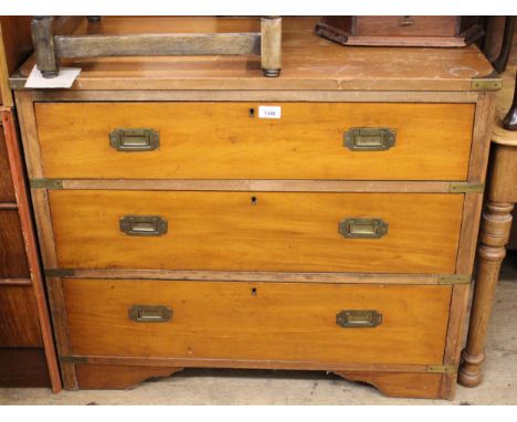 Edwardian satin birch military style chest of three long drawers, with inset handles and brass inset corners, 86 x 43 x 73cm 