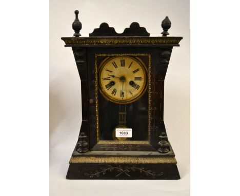 19th Century American two train mantel clock, Bakelite mantel clock and two small quartz clocks 
