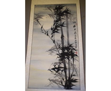 Modern Chinese scroll picture, stylised study of bamboo, signed, 95 x 49cm approximatelyThis is a watercolour painting 