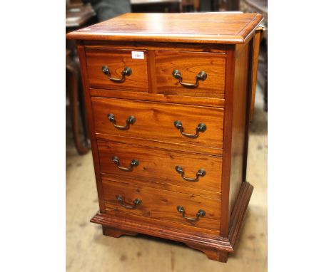 Small reproduction mahogany chest of two short and three long drawers, with brass swan neck handles and bracket feet, 56cm wi