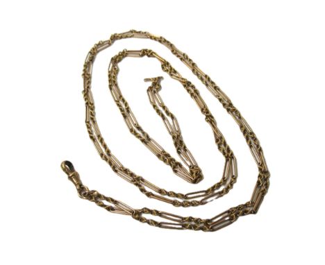 9ct Gold guard chain of alternating elongated link design with clip, 27.5gGood overall condition. Links are good. Length 143c