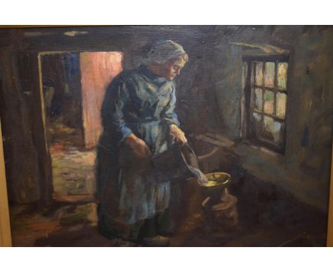 John Patrick Downie, oil on panel, woman filling a milk churn in a cottage interior, signed, 23 x 31cm approximately, gilt fr