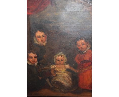 Naive style oil on canvas, portrait of a group of children, 37 x 29cm 