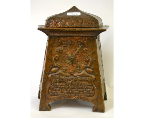 Arts and crafts copper mantel clock with studded and embossed decoration and moto ' The moving finger writes ' (possibly Glas