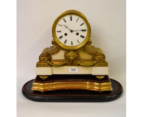 Good quality French ormulo and white marble mantel clock, having circular white enamel dial with Roman numerals and two train