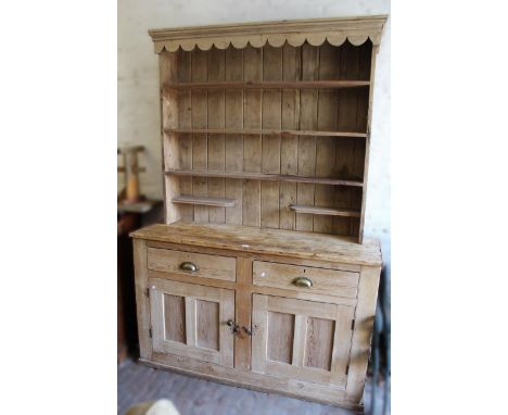 19th Century pine dresser, the boarded shelf back above two drawers and two panel doors, 224 x 156cmTop detaches. 224cm high 