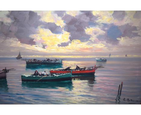 20th Century Continental school, oil on canvas, fishing boats in a sunset, signed R. Bruno? 50 x 70cm, gilt framed 