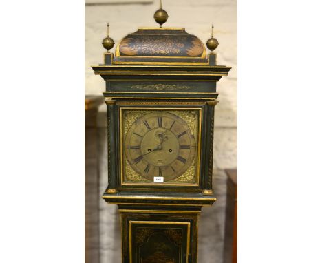 George III green chinoiserie lacquer longcase clock, the pagoda hood above a rectangular panel door and conforming plinth bas