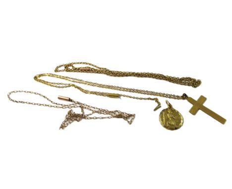 9ct Gold cross on chain, 9ct gold St. Christopher medallion and two small 9ct gold chains, 9g 