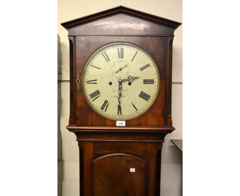 19th Century mahogany longcase clock, the circular painted dial having subsidiary seconds with Roman numerals, inscribed Thom