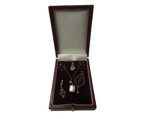 9ct Gold and cultured pearl pendant on chain, two small 9ct gold and gem set pendants and a garnet pendant 