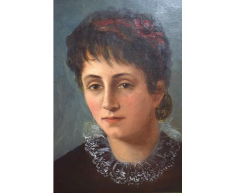 Oil on canvas loosely laid on panel, portrait of a young lady with a lace collar, together with an unframed portrait of a bea