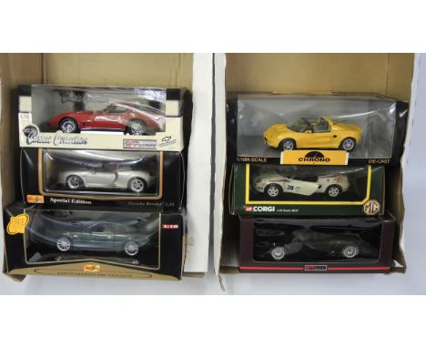 Two boxes of 1/18th scale diecast model cars by Corgi, Maitsio Chrono etc. 