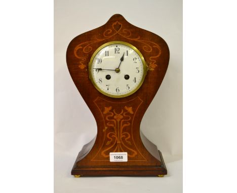Large Edwardian mahogany and marquetry inlaid balloon shaped mantel clock, the enamel dial with Arabic numerals and two train