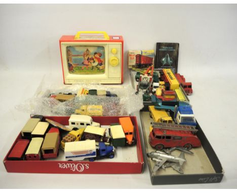 Box containing a quantity of various 20th Century diecast model vehicles, play worn, Meccano instruction and children's toy t