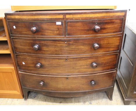 19th Century mahogany bow front chest with a banded frieze above two short and three long graduated drawers with knob handles