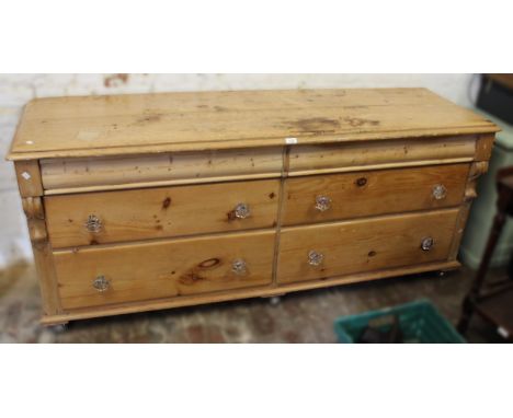 Large 19th Century stripped pine dresser base, the moulded top above two ogee fronted drawers and four further deep drawers w