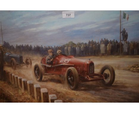 Two Alan Fearnley signed vintage car racing prints, 36 x 55cm, together with an unframed Terence Cuneo print, ' Bentley vs Bl