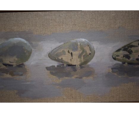 Oil on linen laid on board, study of three quails eggs, signed R. Weaver verso, 16 x 29cm 