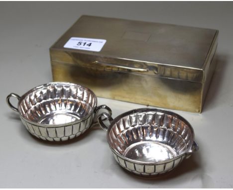 Rectangular London silver cigarette box with engine turned cover, together with a small sterling silver jug and basin 