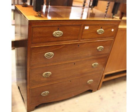 19th Century mahogany line inlaid and crossbanded straight front chest of two short and three long graduated drawers, with ov