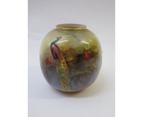 W.H. Austin for Royal Worcester, small globular vase painted with peacock in a landscape, signed, 7.5cm highSmall chip restor