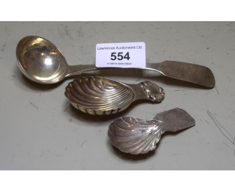 Small Irish silver sauce ladle and two silver caddy spoons 