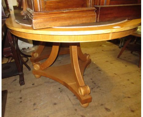 Mid to late 20th Century honey oak and sycamore crossbanded twin pedestal D-end dining table, raised on stylised tripod suppo