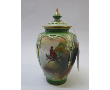 J. Southall for Royal Worcester, small oviform pot pourri vase and cover painted with pheasants in a landscape, 15.5cm high (