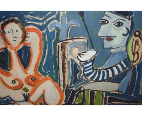 Oil on canvas, abstract study of an artist and model, 55 x 75cmframed dimensions are 59 x 79cm 