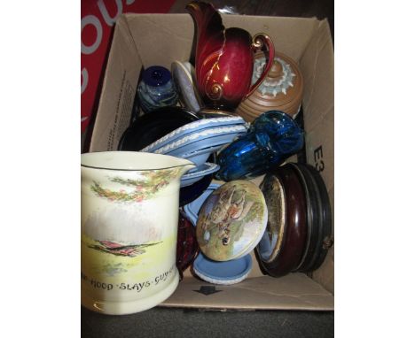 Group of five 19th Century Prattware pot lids, Royal Doulton Robin Hood jug and various other glassware and Stanware pot and 