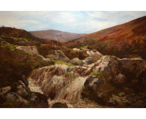 W. R. Campbell, signed oil on millboard, view of a mountain stream, broad gilt frame, 27 x 39cm 