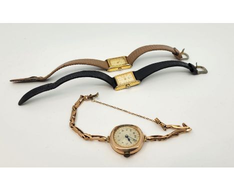 A 9ct. rose gold ladies' wristwatch, manual movement, having engine turned silvered Arabic numeral dial, 25mm wide 9ct. gold 