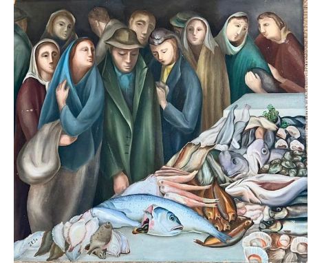 20th cent Modern British interest fish seller oil on panel Signed G K 5056 X 50cm unframed 