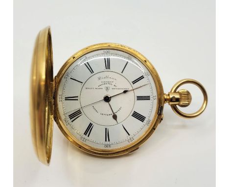 A Victorian Brillman (London) 18ct. gold full hunter chronograph pocket watch, crown wind, having white enamel dial signed "B